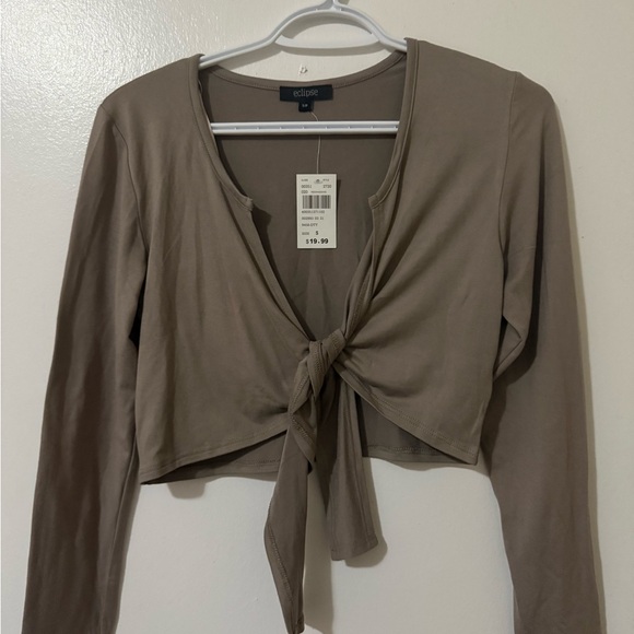 Eclipse Tops - Eclipse Women's Taupe Tie-Front Crop Top